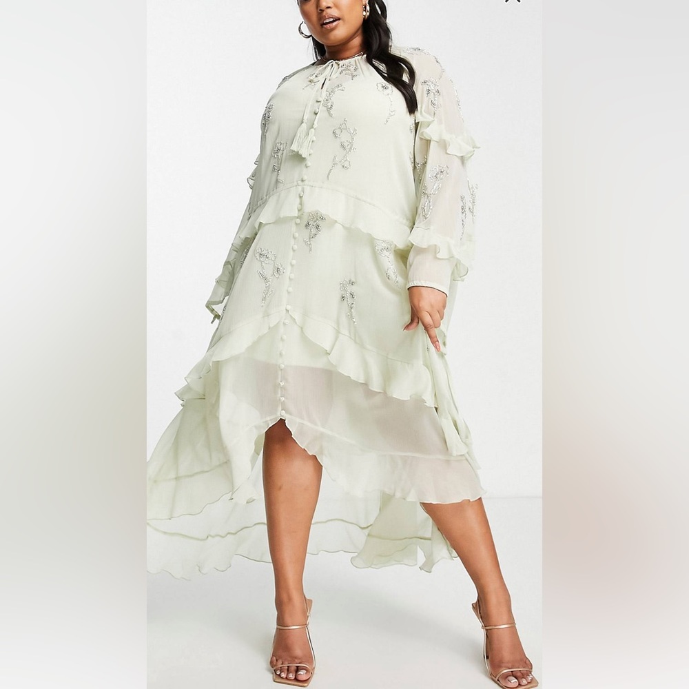 ASOS Curve Sage Green High-Low Ruffle Tiered Dress